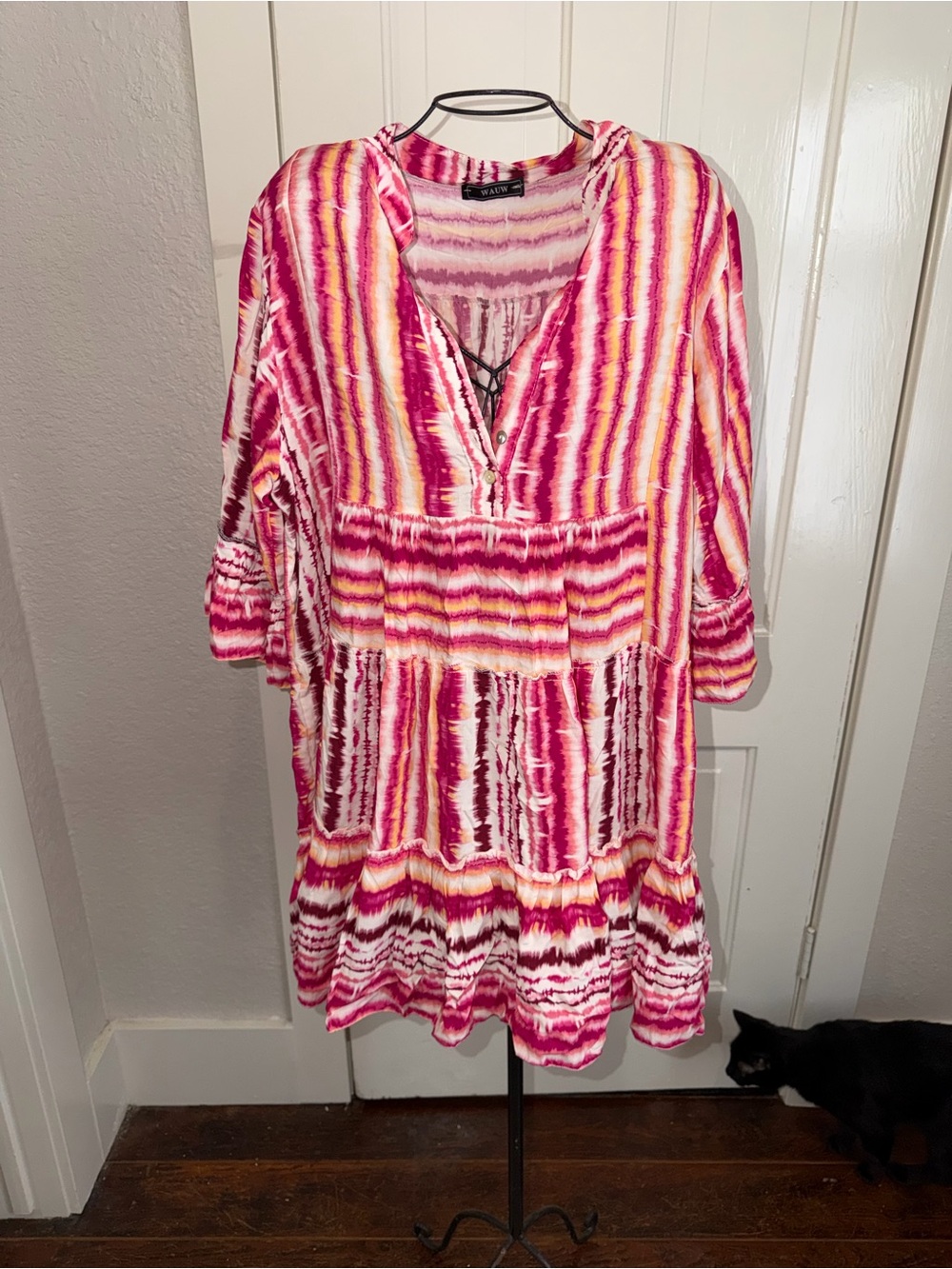 AUW Pink, White and Yellow Striped Tie-Dye Mini Dress